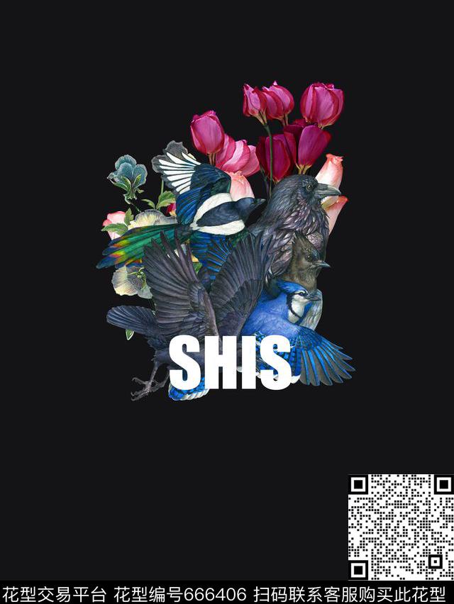 时尚抽象手绘花鸟花卉数码印花时尚潮流男装T恤定位印花动物植物数码印花华亿平台下载（图片编号: 666406） - 瓦栏（Walan）