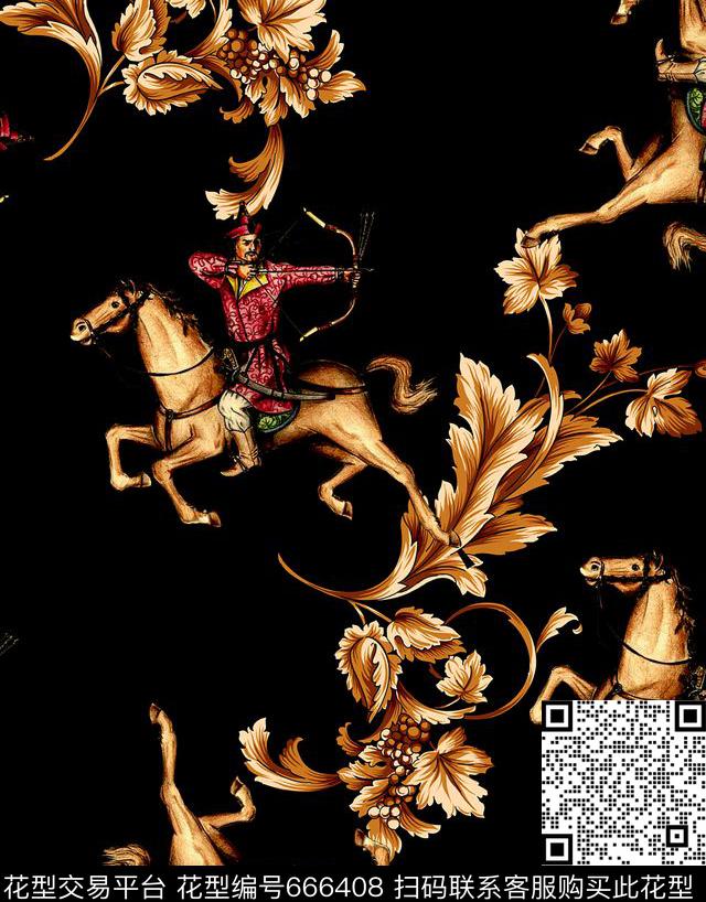时尚抽象手绘人物马匹草卷花卉数码印花时尚男装外套夹克印花数码印花华亿平台下载（图片编号: 666408） - 瓦栏（Walan）