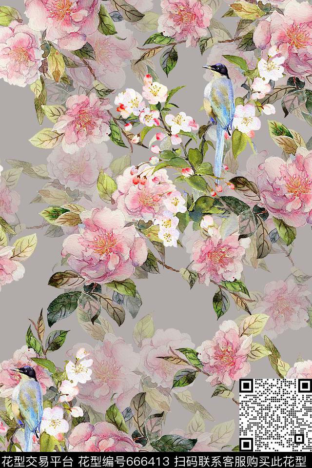 时尚抽象手绘花卉花鸟植物数码印花时尚潮流手绘水彩画渐变纹理花朵印花时尚大牌女装裙子长裙旗袍外套艳丽泳装印花数码印花华亿平台下载（图片编号: 666413） - 瓦栏（Walan）