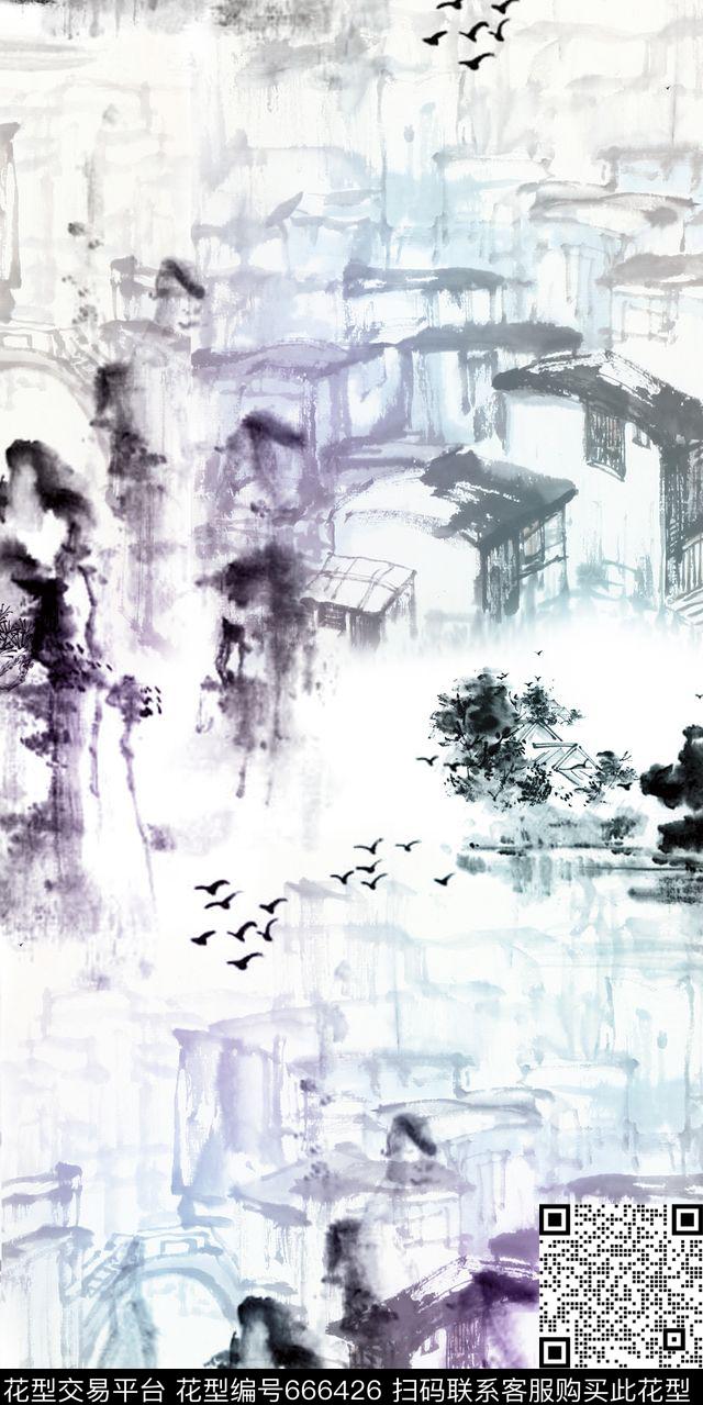 水墨画山水画数码印花华亿平台下载（图片编号: 666426） - 瓦栏（Walan）