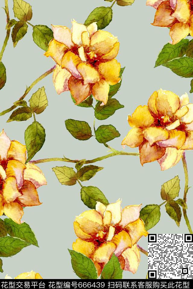 大朵手绘黄色数码印花华亿平台下载（图片编号: 666439） - 瓦栏（Walan）