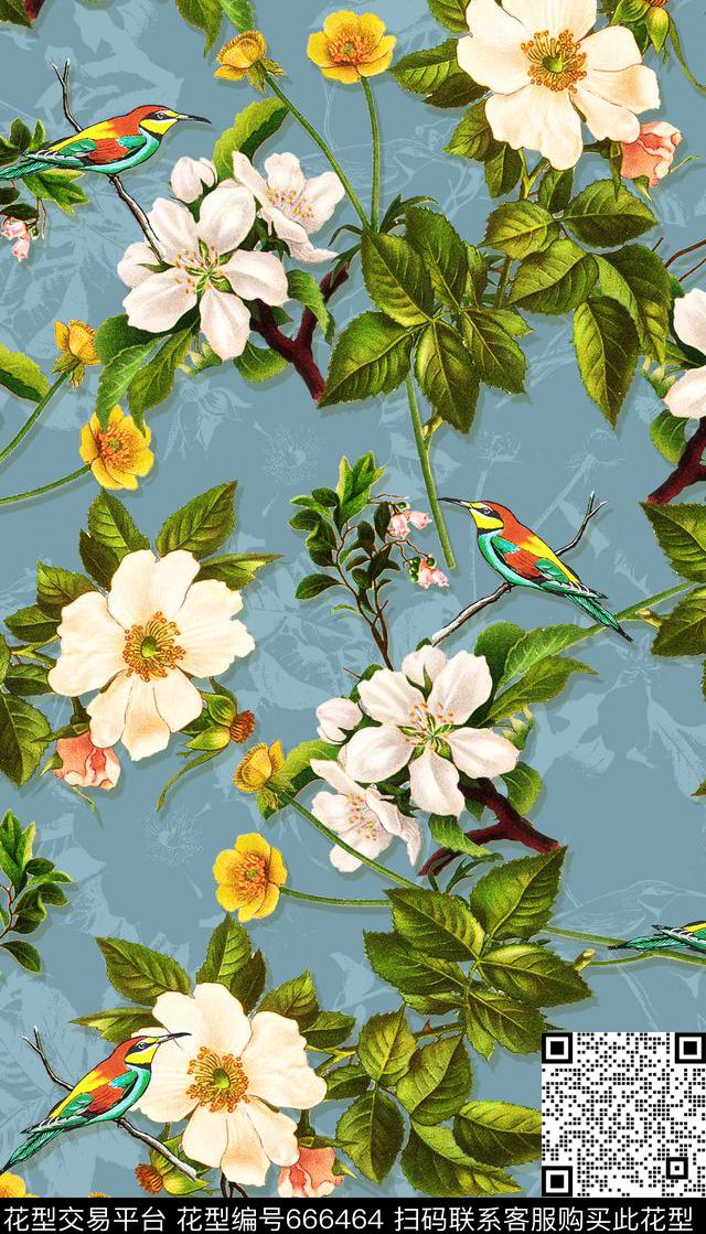 素雅花卉鸟数码印花华亿平台下载（图片编号: 666464） - 瓦栏（Walan）