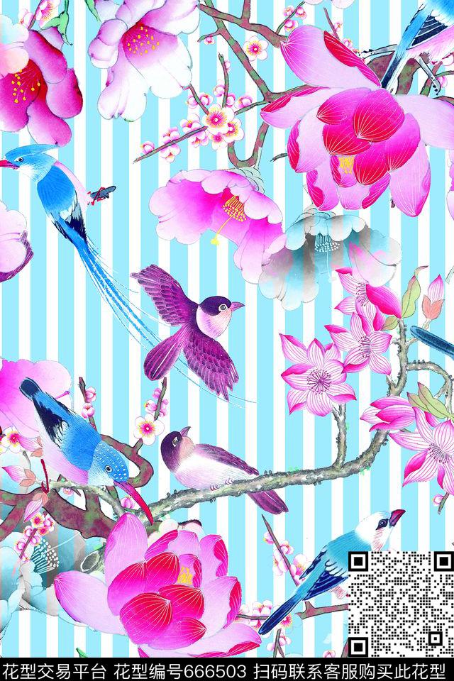 时尚中国风花卉鸟数码印花华亿平台下载（图片编号: 666503） - 瓦栏（Walan）