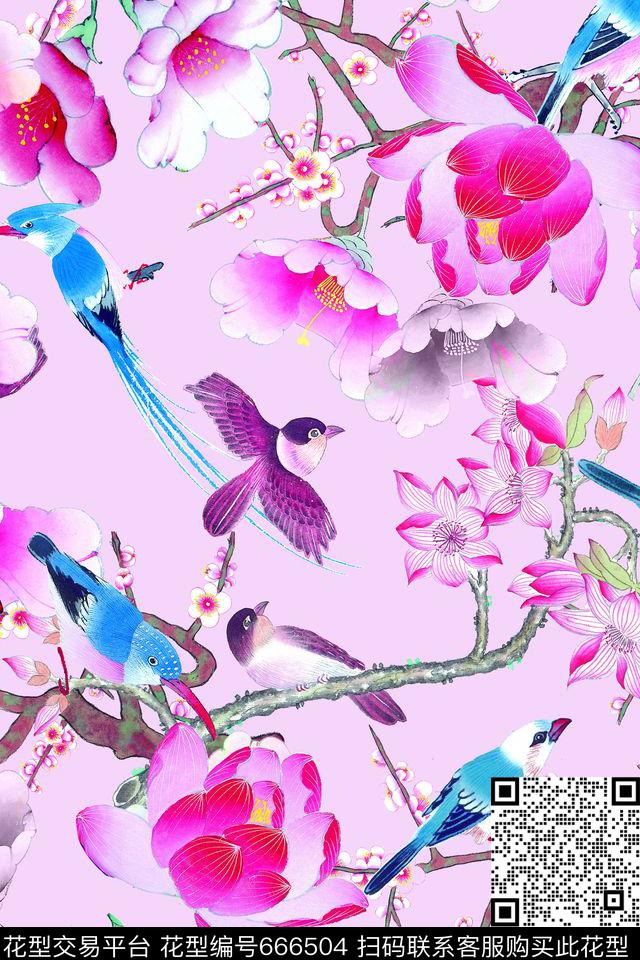 时尚中国风花卉鸟数码印花华亿平台下载（图片编号: 666504） - 瓦栏（Walan）
