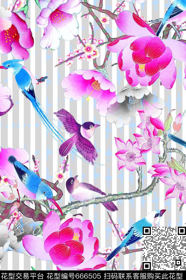 时尚中国风花卉鸟数码印花华亿平台下载（图片编号: 666505） - 瓦栏（Walan）