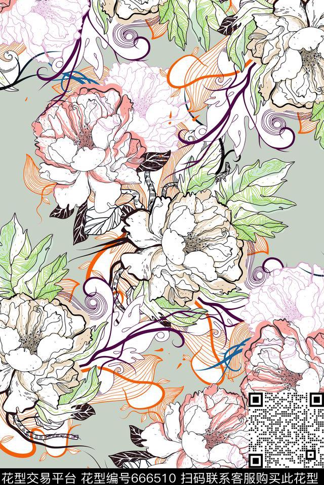 手绘平扁线描数码印花华亿平台下载（图片编号: 666510） - 瓦栏（Walan）