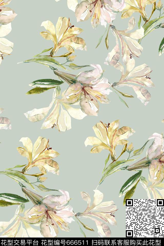 淡雅手绘郁金香数码印花华亿平台下载（图片编号: 666511） - 瓦栏（Walan）