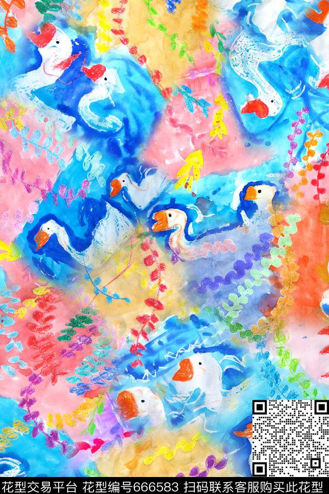 儿童画春天大白鹅数码印花华亿平台下载（图片编号: 666583） - 瓦栏（Walan）