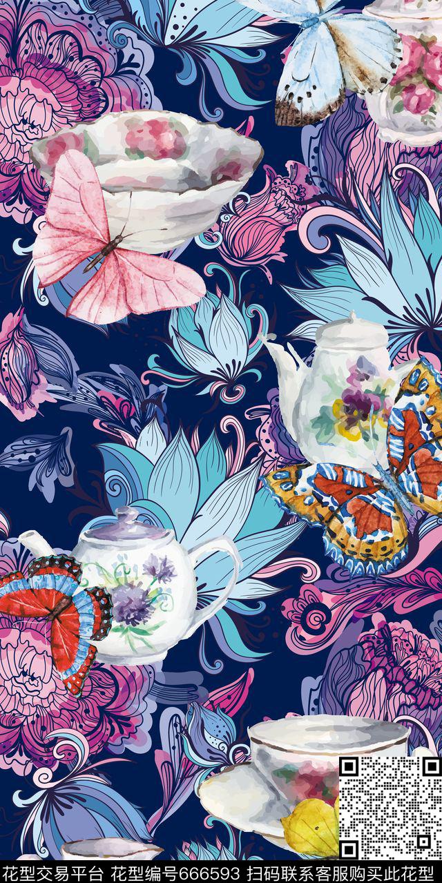 花卉餐具蝴蝶数码印花华亿平台下载（图片编号: 666593） - 瓦栏（Walan）