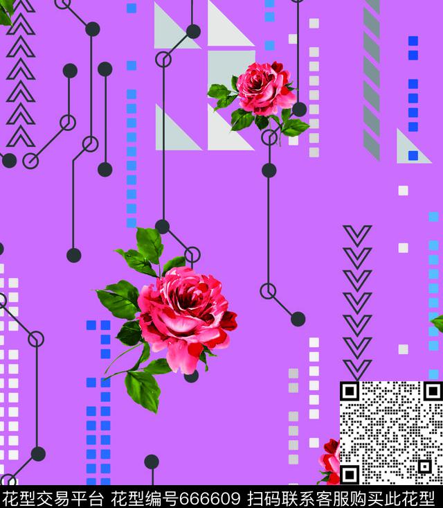 2017年女装新几何牡丹花朵数码印花华亿平台下载（图片编号: 666609） - 瓦栏（Walan）