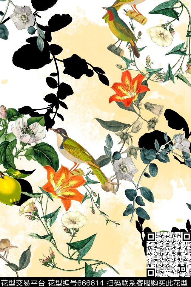 花卉植物涂鸦数码印花华亿平台下载（图片编号: 666614） - 瓦栏（Walan）