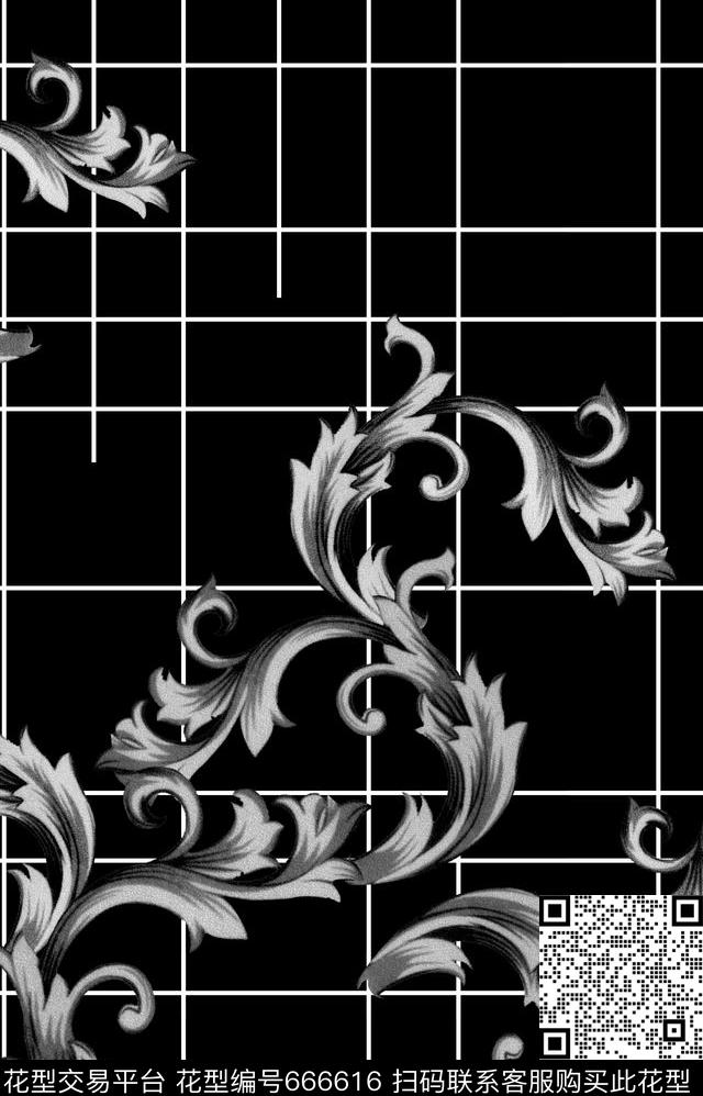 男装不规则格子卷草纹。简约时尚传统印花华亿平台下载（图片编号: 666616） - 瓦栏（Walan）