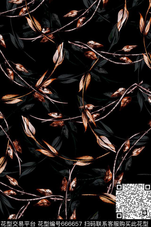 树枝植物叶子数码印花华亿平台下载（图片编号: 666657） - 瓦栏（Walan）
