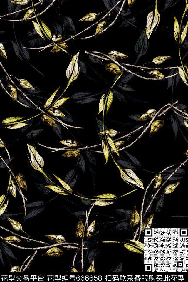 树枝植物叶子数码印花华亿平台下载（图片编号: 666658） - 瓦栏（Walan）