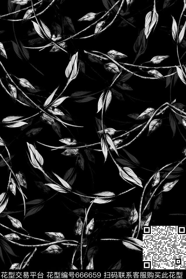 树枝植物叶子数码印花华亿平台下载（图片编号: 666659） - 瓦栏（Walan）