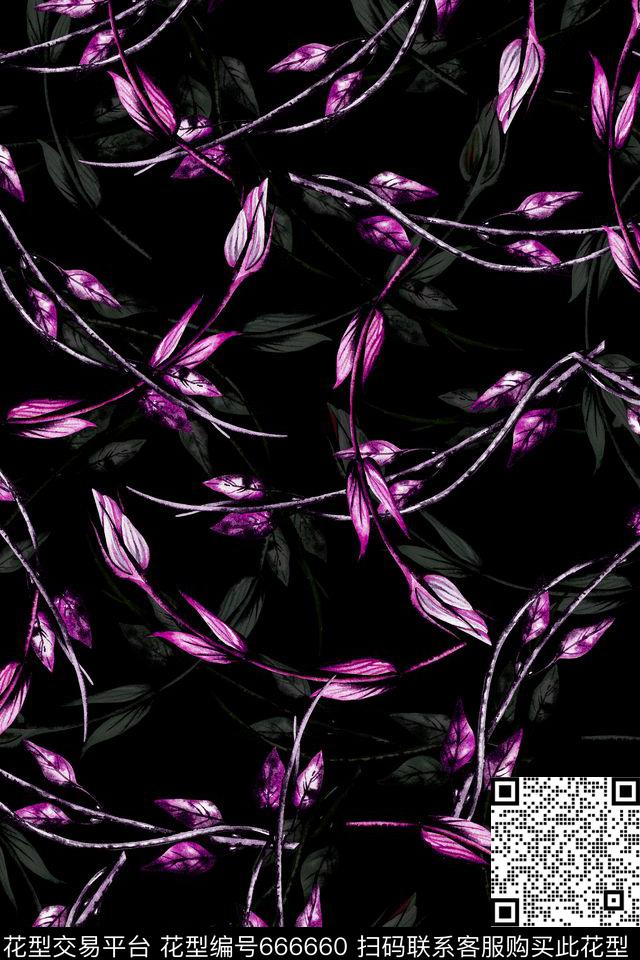 树枝植物叶子数码印花华亿平台下载（图片编号: 666660） - 瓦栏（Walan）