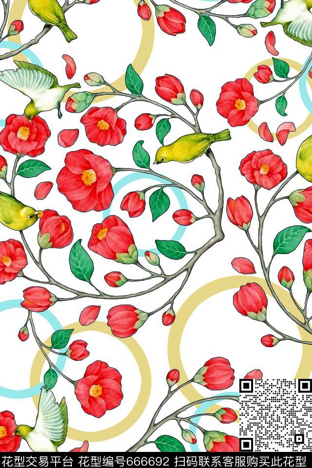 花卉鸟水彩数码印花华亿平台下载（图片编号: 666692） - 瓦栏（Walan）