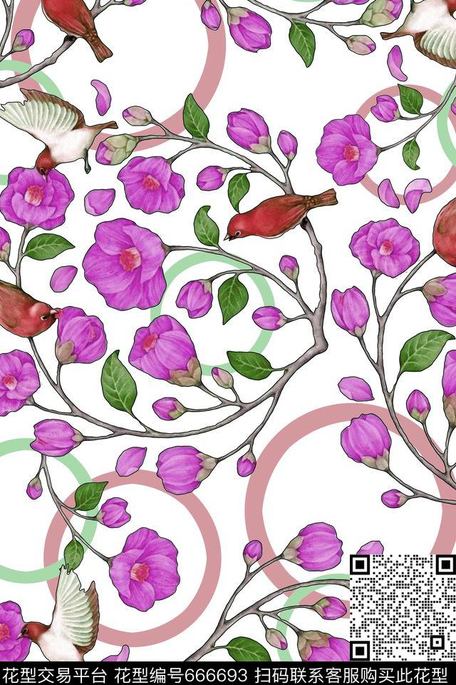 花卉鸟水彩数码印花华亿平台下载（图片编号: 666693） - 瓦栏（Walan）