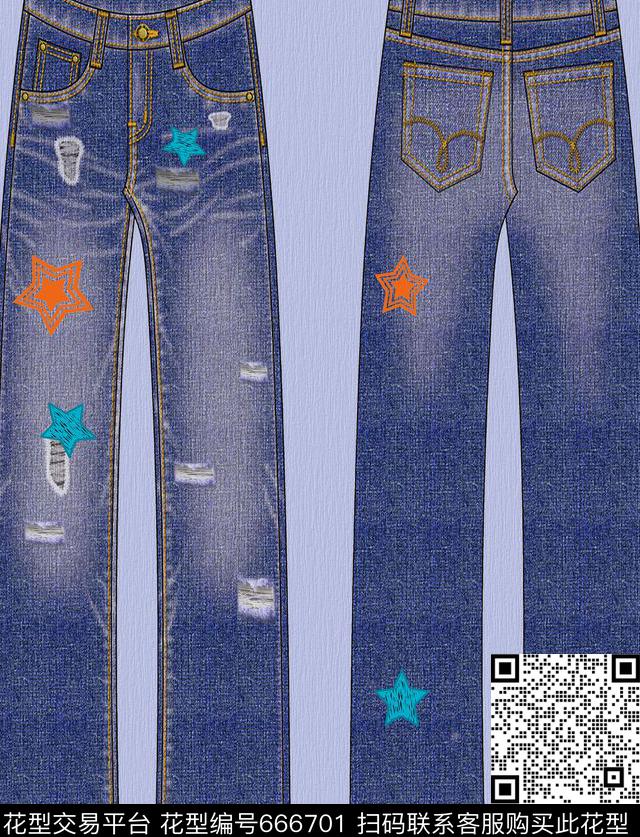 牛仔裤模板五角星破洞数码印花华亿平台下载（图片编号: 666701） - 瓦栏（Walan）