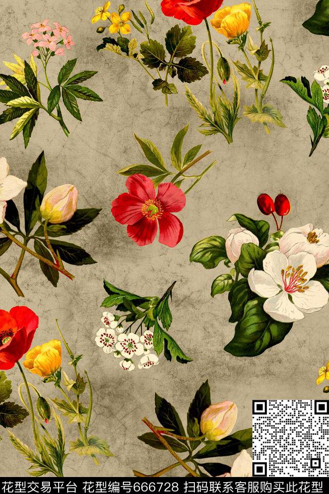 时尚手绘花卉数码印花华亿平台下载（图片编号: 666728） - 瓦栏（Walan）