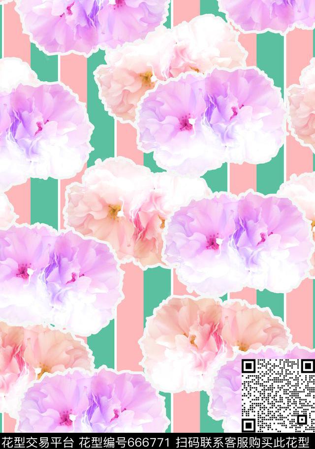 花卉樱花条纹数码印花华亿平台下载（图片编号: 666771） - 瓦栏（Walan）
