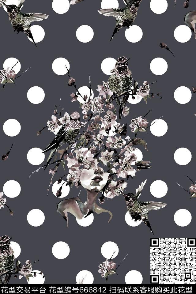 抽象手绘满版花鸟最新高清数码小碎花波点数码印花华亿平台下载（图片编号: 666842） - 瓦栏（Walan）