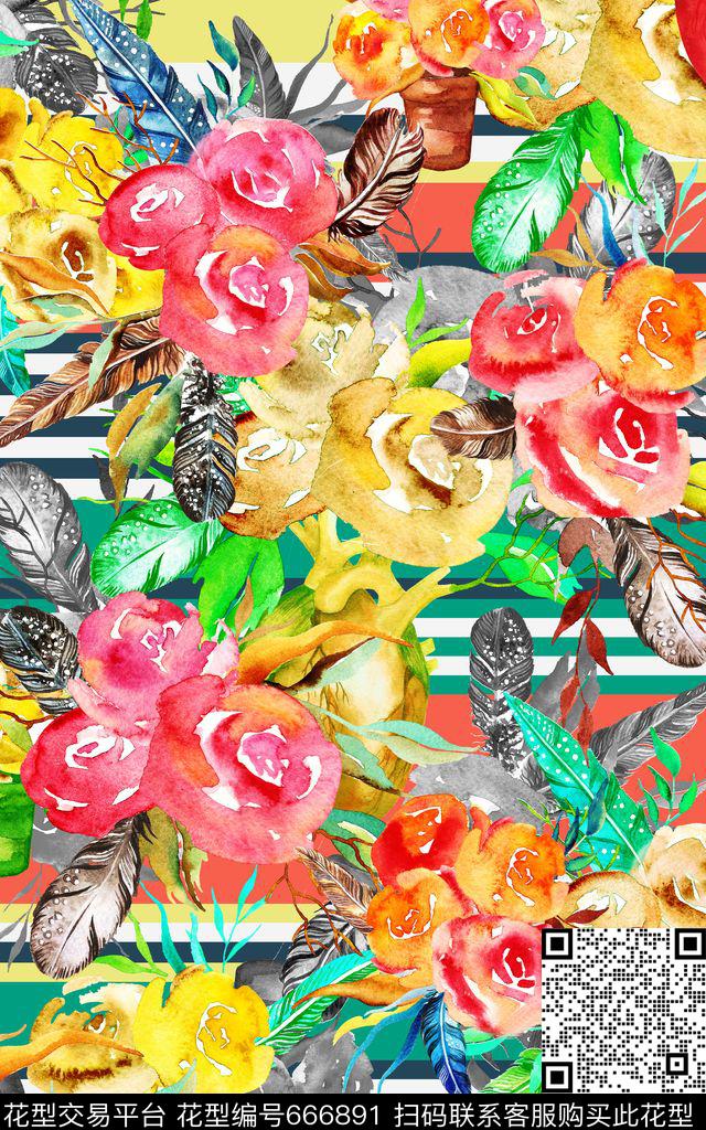 花朵羽毛水彩数码印花华亿平台下载（图片编号: 666891） - 瓦栏（Walan）