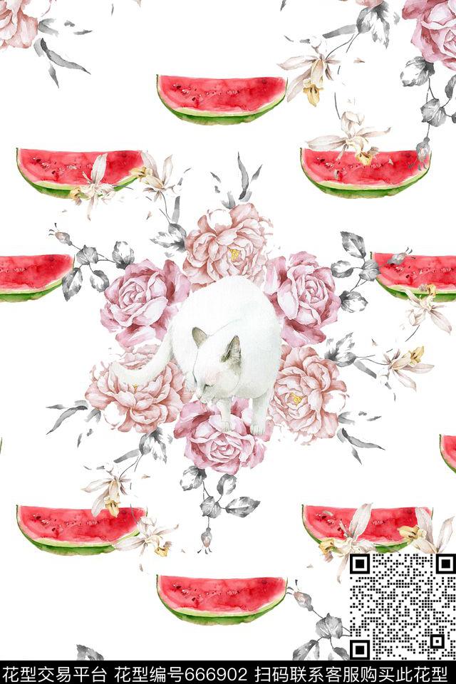 清新花卉猫咪数码印花华亿平台下载（图片编号: 666902） - 瓦栏（Walan）