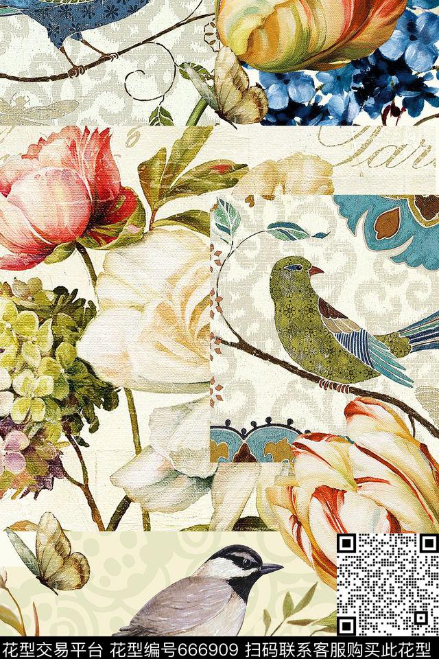 玫瑰花鸟花卉数码印花华亿平台下载（图片编号: 666909） - 瓦栏（Walan）