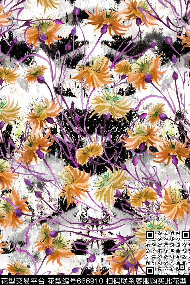 水墨渲染绽放数码印花华亿平台下载（图片编号: 666910） - 瓦栏（Walan）