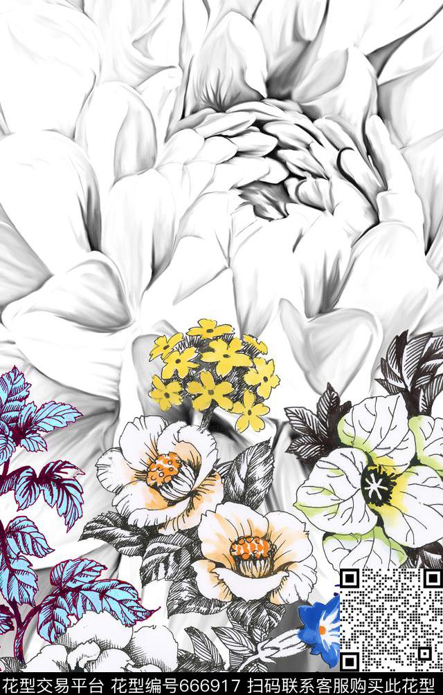 定位淡雅大朵数码印花华亿平台下载（图片编号: 666917） - 瓦栏（Walan）