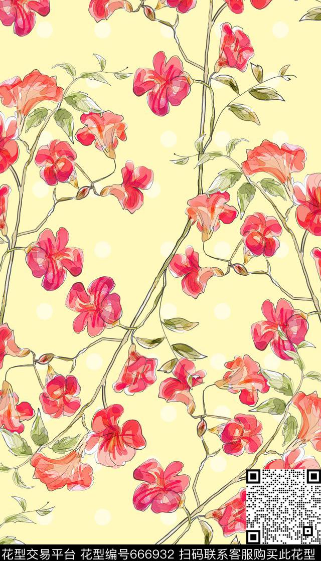 小清新波点花卉数码印花华亿平台下载（图片编号: 666932） - 瓦栏（Walan）