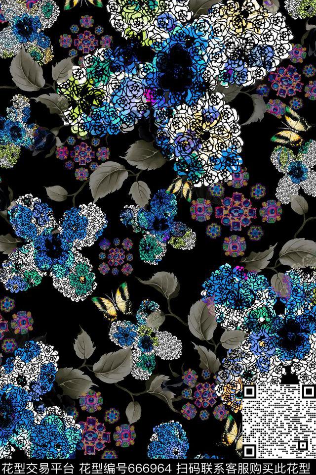 花卉花朵蝴蝶数码印花华亿平台下载（图片编号: 666964） - 瓦栏（Walan）