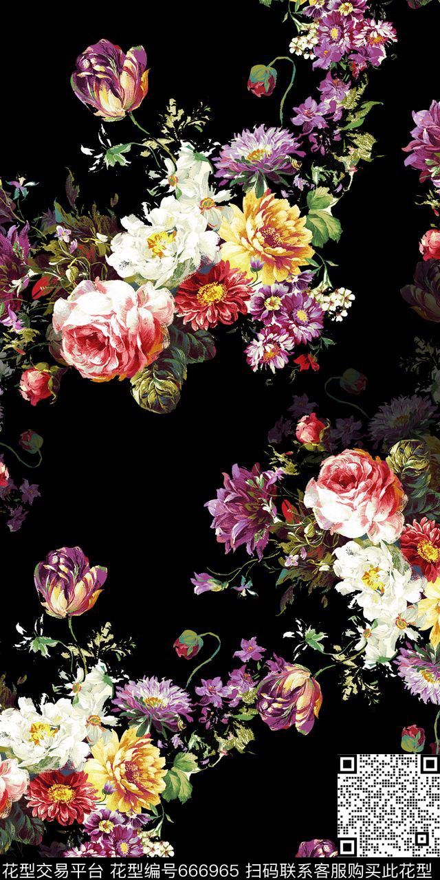 黑底大气时尚数码印花华亿平台下载（图片编号: 666965） - 瓦栏（Walan）