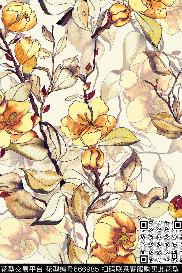 复古手绘花卉数码印花华亿平台下载（图片编号: 666985） - 瓦栏（Walan）
