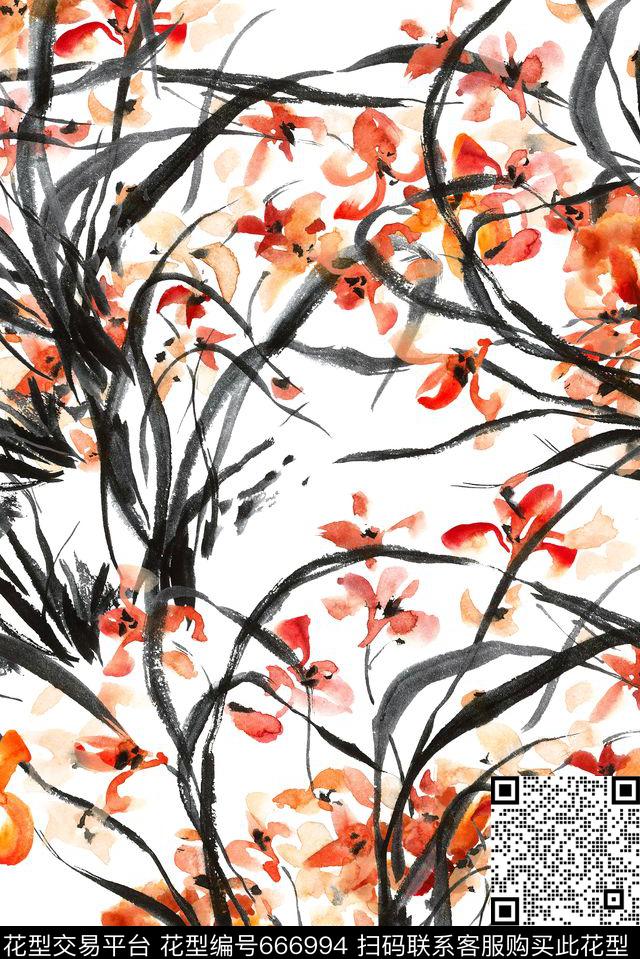水墨兰花花卉数码印花华亿平台下载（图片编号: 666994） - 瓦栏（Walan）