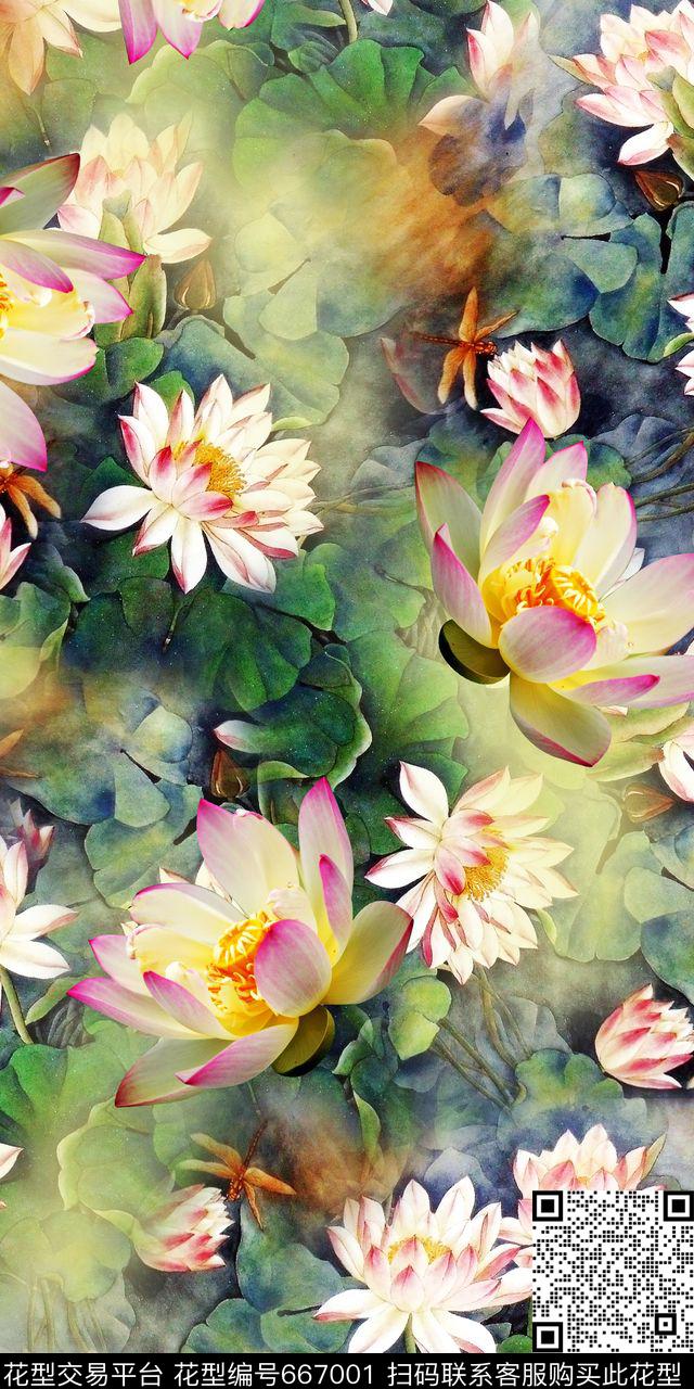 荷花中国风荷叶数码印花华亿平台下载（图片编号: 667001） - 瓦栏（Walan）
