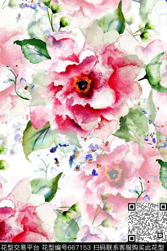 大朵清透手绘数码印花华亿平台下载（图片编号: 667153） - 瓦栏（Walan）