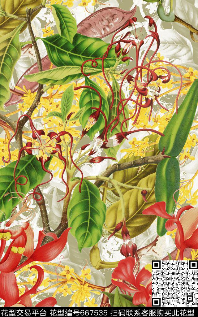 热带植物叶子数码印花华亿平台下载（图片编号: 667535） - 瓦栏（Walan）