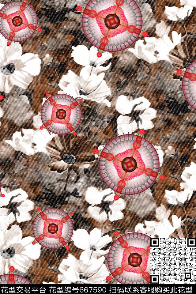 花卉几何牛仔纹数码印花华亿平台下载（图片编号: 667590） - 瓦栏（Walan）