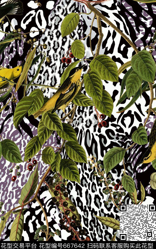 植物豹纹花鸟数码印花华亿平台下载（图片编号: 667642） - 瓦栏（Walan）