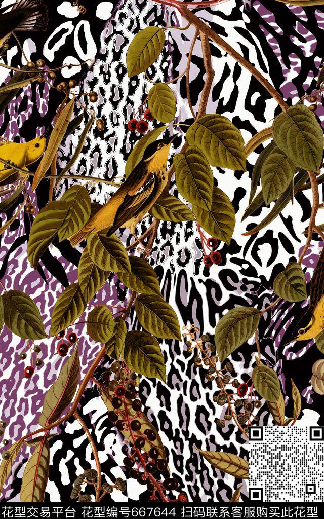 植物豹纹花鸟数码印花华亿平台下载（图片编号: 667644） - 瓦栏（Walan）