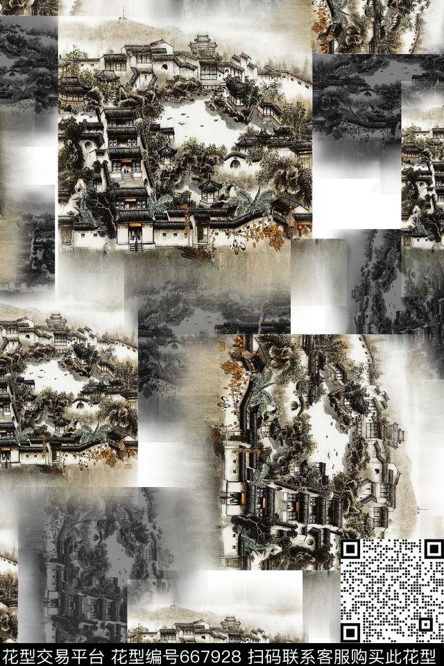 中国风树林建筑数码印花华亿平台下载（图片编号: 667928） - 瓦栏（Walan）