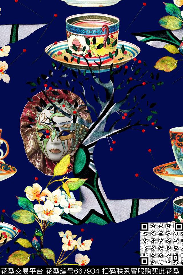 时尚抽象手绘花卉面具几何树青花瓷杯子时尚潮流女装外套潮流设计印花时尚国际大牌外套夹克印花复古风格数码印花华亿平台下载（图片编号: 667934） - 瓦栏（Walan）