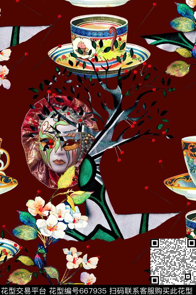 时尚抽象手绘花卉面具几何树青花瓷杯子时尚潮流女装外套潮流设计印花时尚国际大牌外套夹克印花复古风格数码印花华亿平台下载（图片编号: 667935） - 瓦栏（Walan）