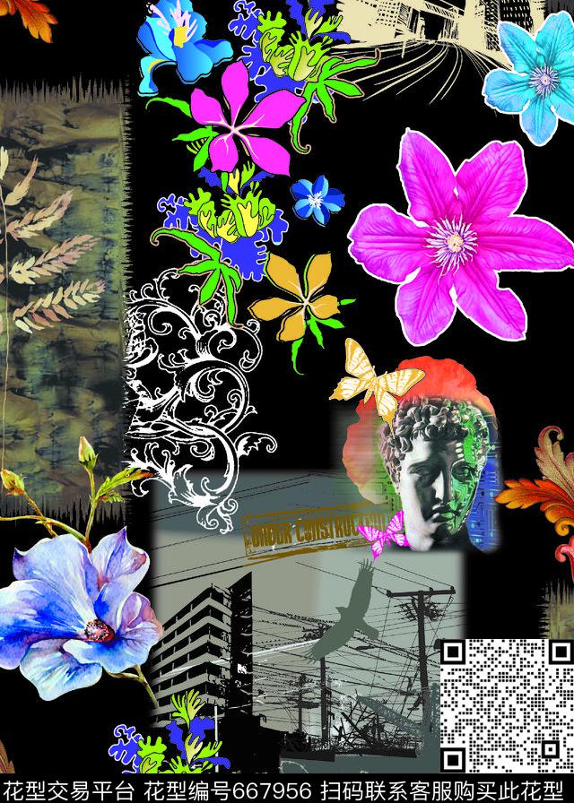 复古花卉建筑数码印花华亿平台下载（图片编号: 667956） - 瓦栏（Walan）