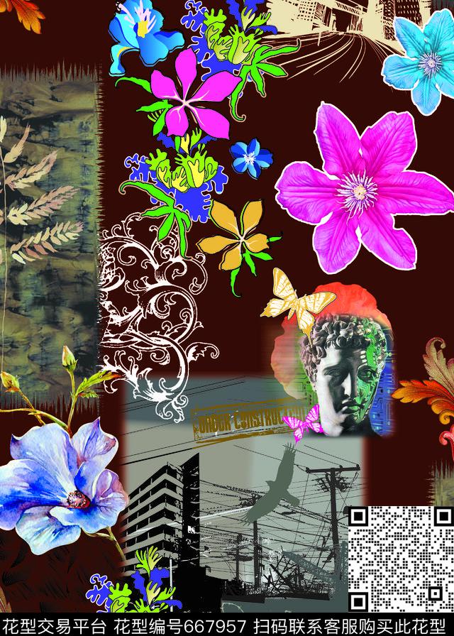 复古花卉建筑数码印花华亿平台下载（图片编号: 667957） - 瓦栏（Walan）