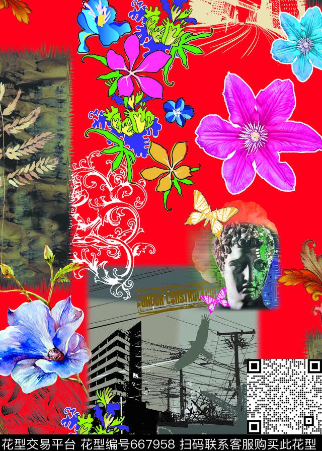 复古花卉建筑数码印花华亿平台下载（图片编号: 667958） - 瓦栏（Walan）