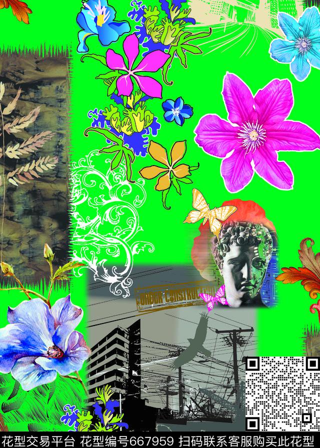 复古花卉建筑数码印花华亿平台下载（图片编号: 667959） - 瓦栏（Walan）