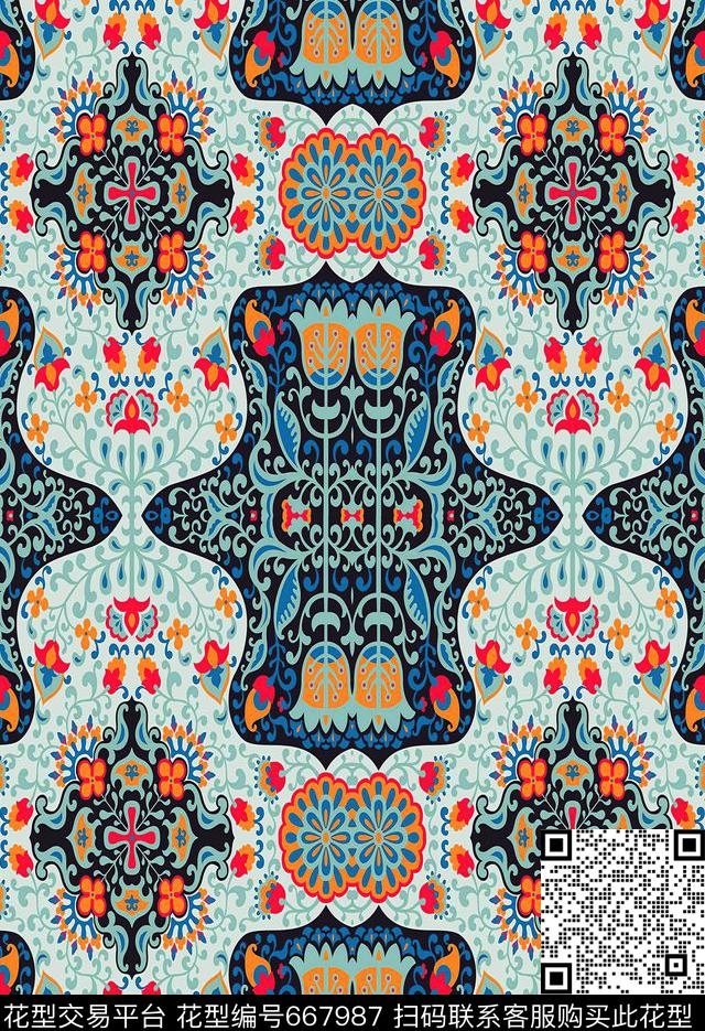 抽象民族风花纹传统印花华亿平台下载（图片编号: 667987） - 瓦栏（Walan）